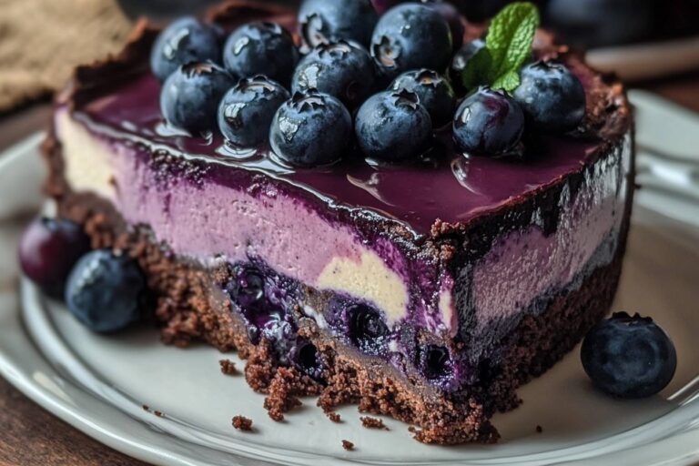 A delicious Blueberry Brownie Cheesecake, showcasing rich brownie layers topped with creamy cheesecake, blueberry preserves, and fresh blueberries.