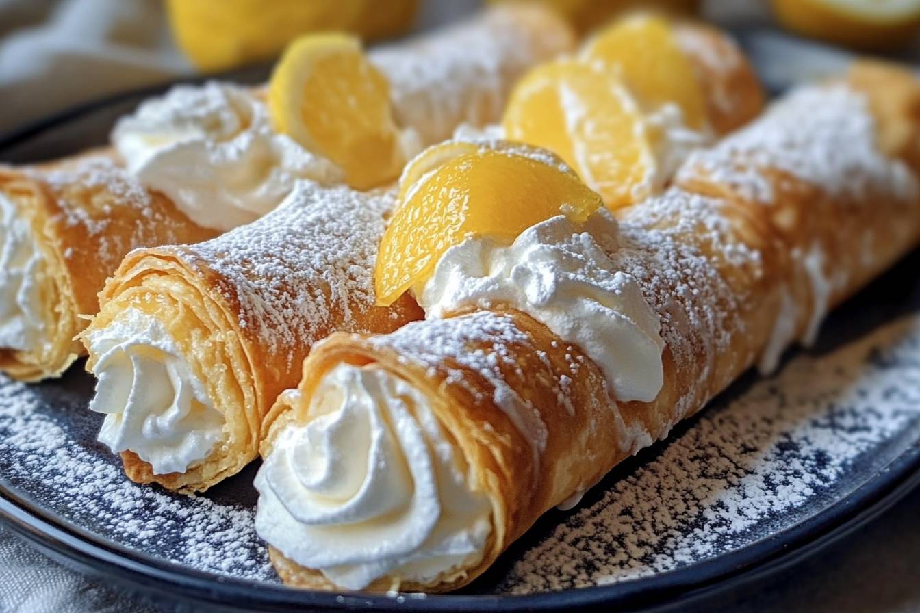 Delicious Zesty Lemon Meringue Pie Cannolis with creamy lemon curd filling, fluffy meringue on top, and a sprinkle of lemon zest for garnish.