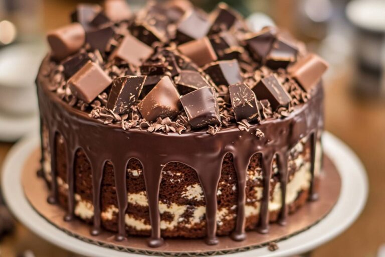 A rich chocolate cake layered with smooth ganache and topped with a variety of chopped candy bars for an indulgent dessert.