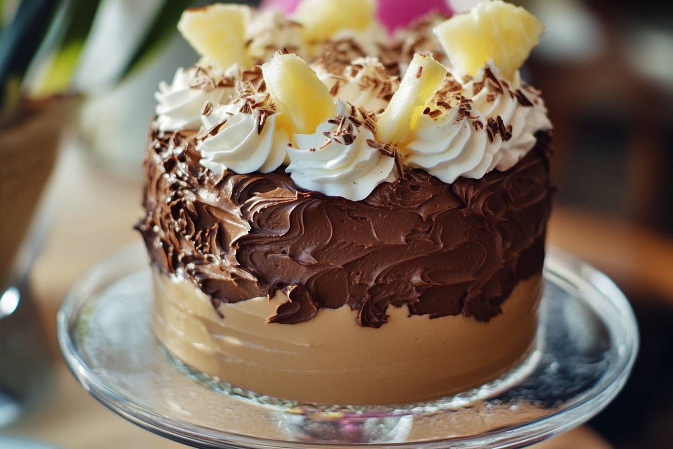 This Chocolate Piña Colada Cake with Kahlua Cream Frosting combines the rich flavors of chocolate and tropical pineapple for a dessert that tastes like paradise!