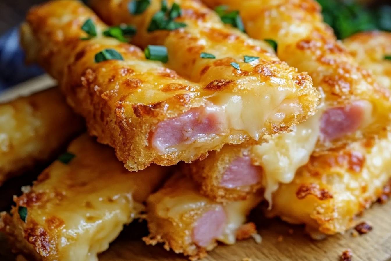 Golden, flaky ham and cheese sticks twisted and baked to perfection, served on a plate with a side of dipping sauce.