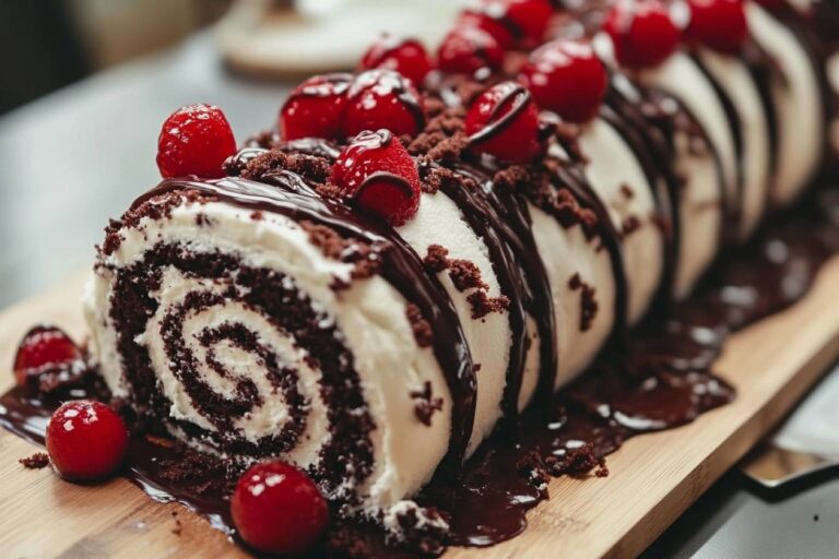 A beautifully rolled Black Forest cake, dusted with powdered sugar and topped with grated dark chocolate, cherries, and a touch of elegance.