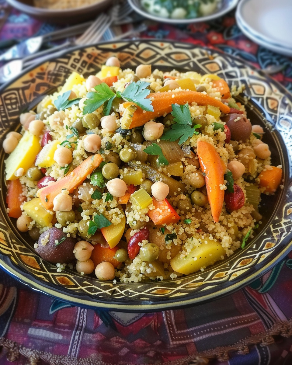 A vibrant platter of Moroccan Couscous with Seven Vegetables, showcasing tender couscous, a variety of colorful vegetables, and succulent pieces of meat, garnished with fresh herbs.