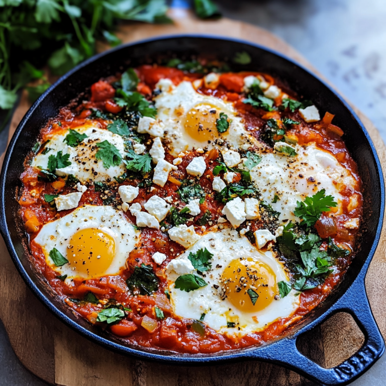 A vibrant dish of Moroccan Shakshuka featuring poached eggs nestled in a spiced tomato sauce, surrounded by zucchini, bell peppers, and swiss chard, topped with crumbled feta cheese and fresh herbs, served with naan bread.