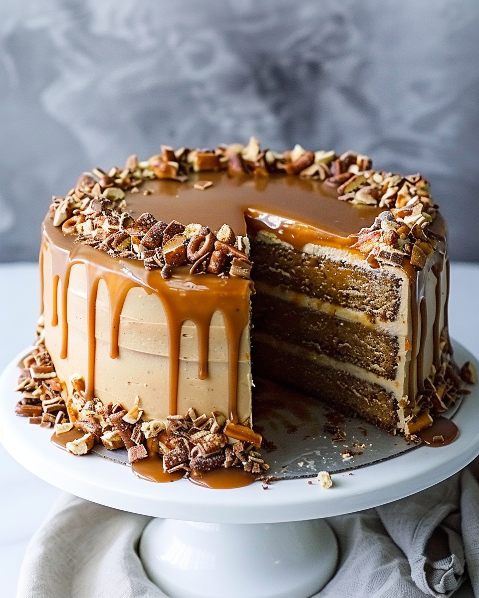 A decadent salted caramel pretzel cake with layers of chocolate cake, caramel drizzle, and pretzels, topped with milk chocolate buttercream.