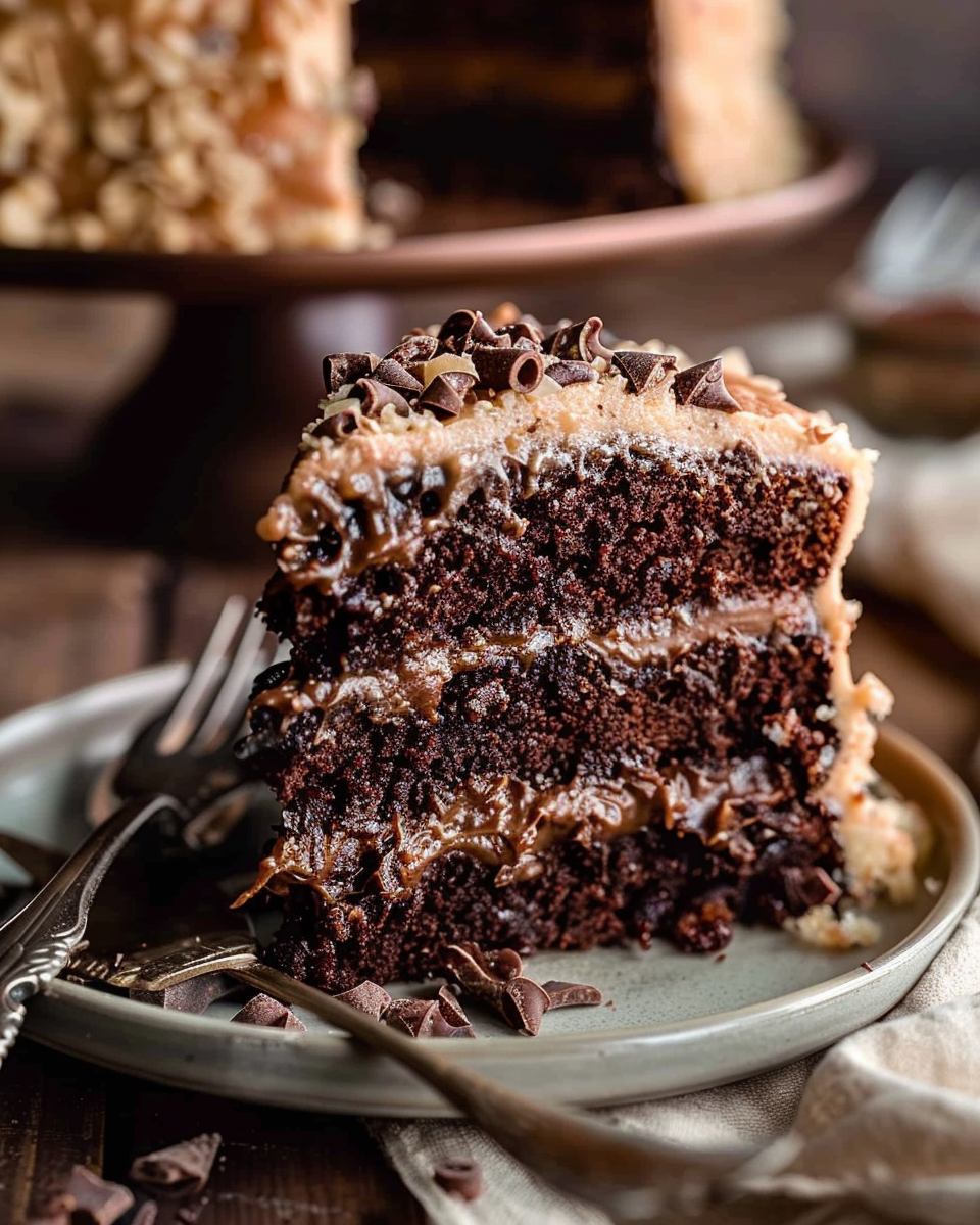 A beautifully layered Traditional German Chocolate Cake, topped with a generous amount of homemade coconut pecan frosting. The cake is garnished with additional toasted coconut and pecans, sitting on a cake stand.