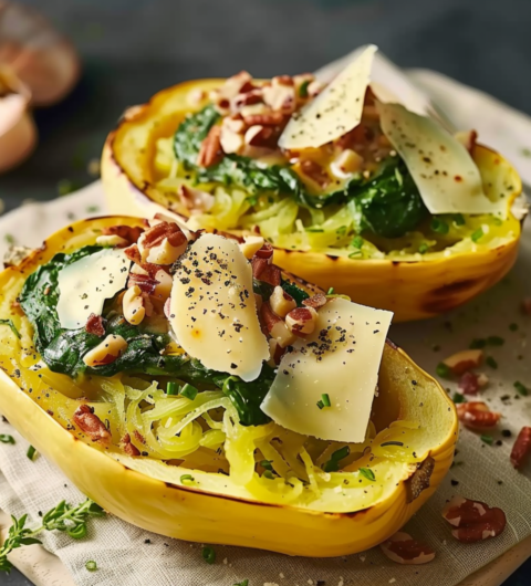 Spinach Stuffed Spaghetti Squash With Parmesan Cream Sauce