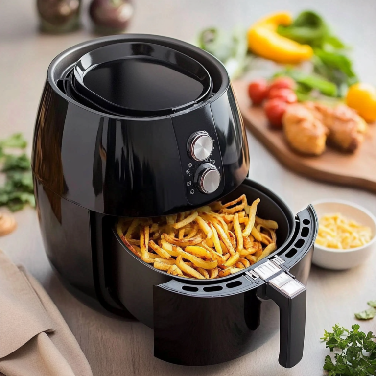 An air fryer on a kitchen counter with crispy fries and chicken, demonstrating healthy and oil-free cooking options.