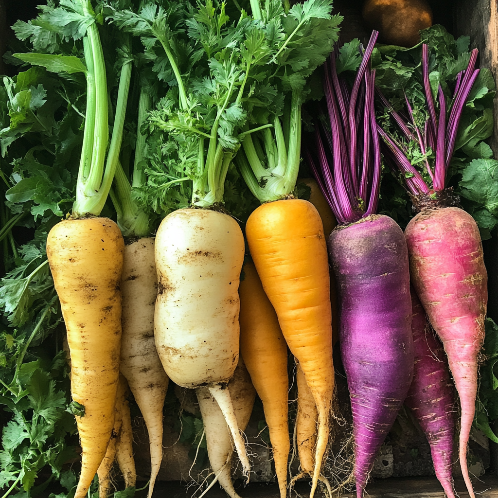 A colorful assortment of root vegetables, including carrots, sweet potatoes, and beets, arranged on a rustic wooden table, highlighting their vibrant colors and nutritional value.