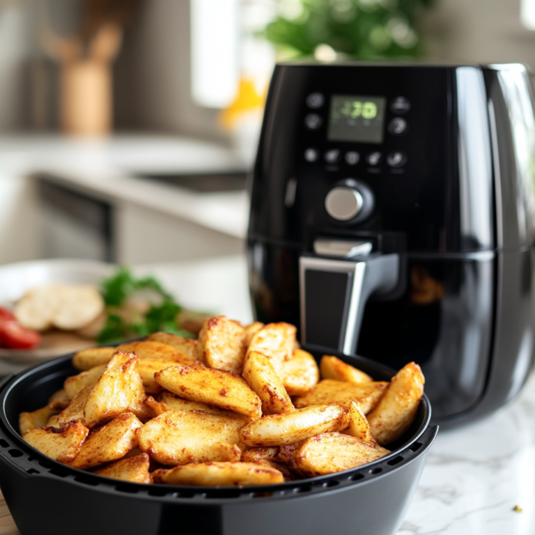 Frozen French fries cooking in an air fryer basket.