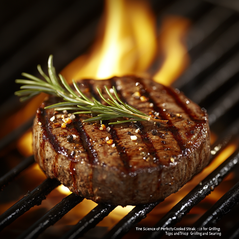 A juicy steak sizzling on a preheated grill, with prominent grill marks visible, surrounded by smoke and flames, showcasing the perfect grilling technique and the rich flavors of grilled meat.
