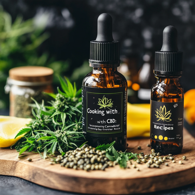 A bottle of CBD-infused olive oil alongside fresh herbs, showcasing a healthy cooking ingredient.