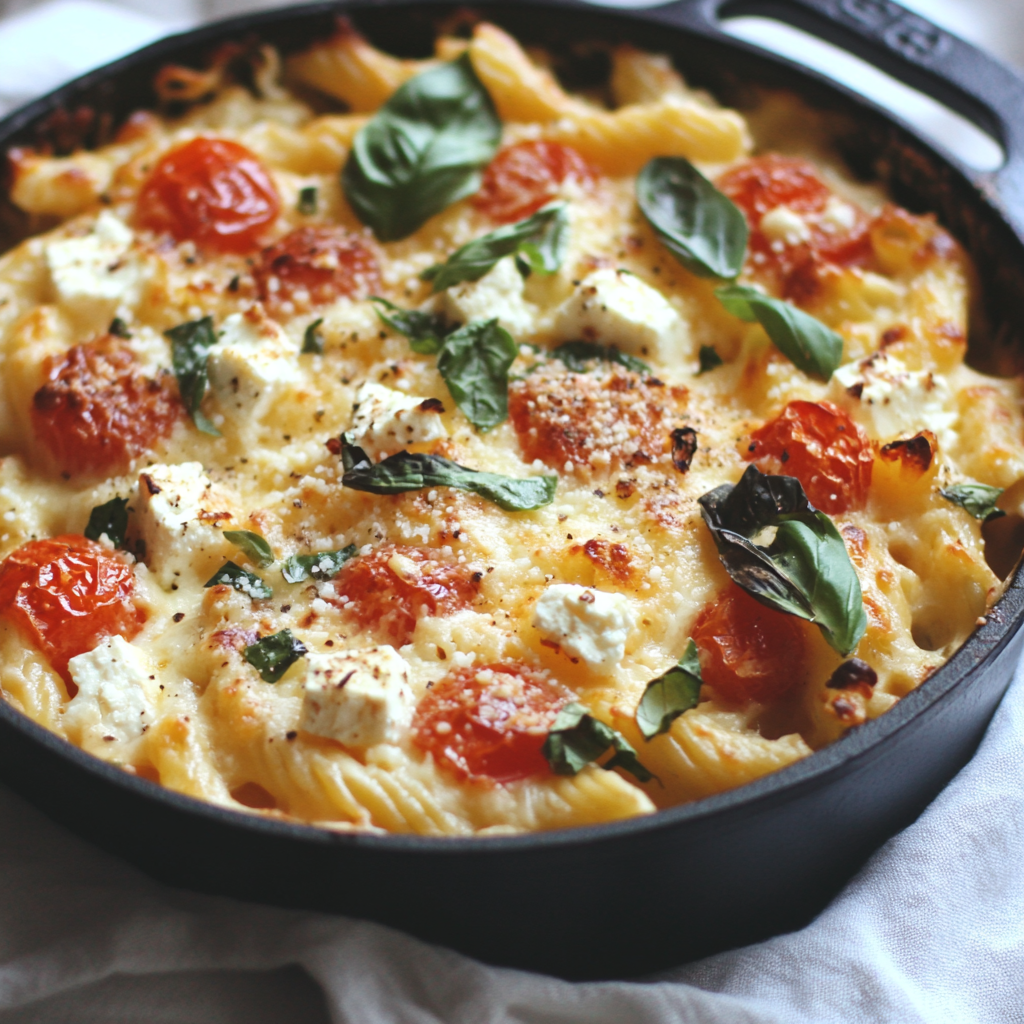 A dish of creamy Baked Feta Pasta with cherry tomatoes, fresh basil, and penne, served in a white bowl.