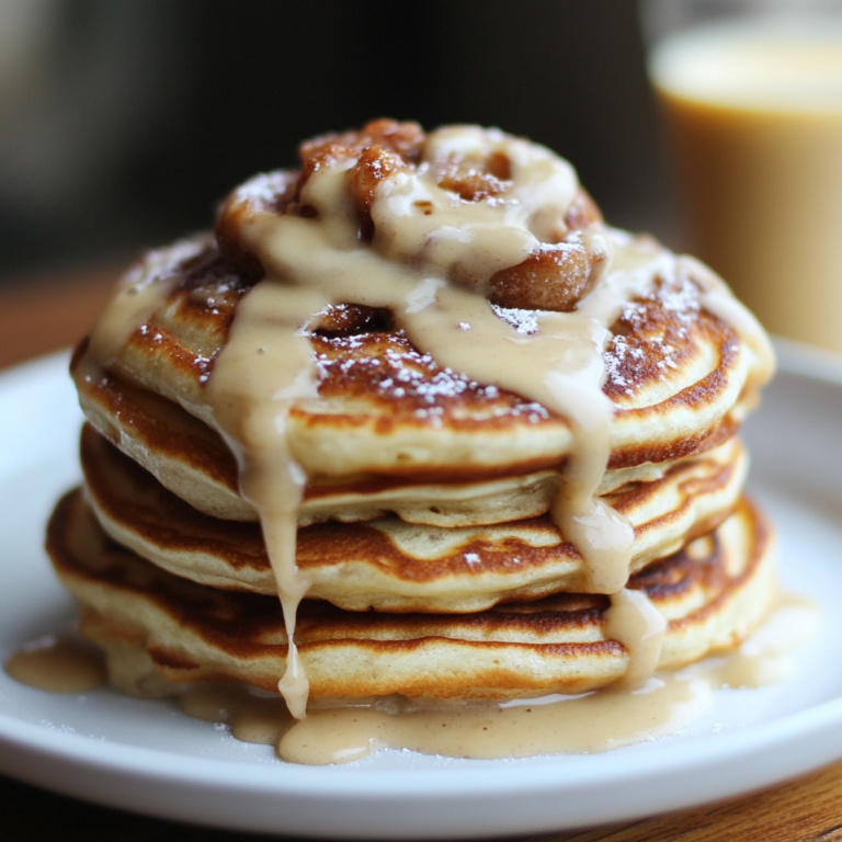 A stack of Cinnamon Roll Pancakes with cinnamon swirls, drizzled with cream cheese glaze and served warm.
