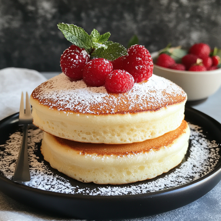 A stack of Fluffy Japanese Soufflé Pancakes topped with powdered sugar, whipped cream, and fresh berries.