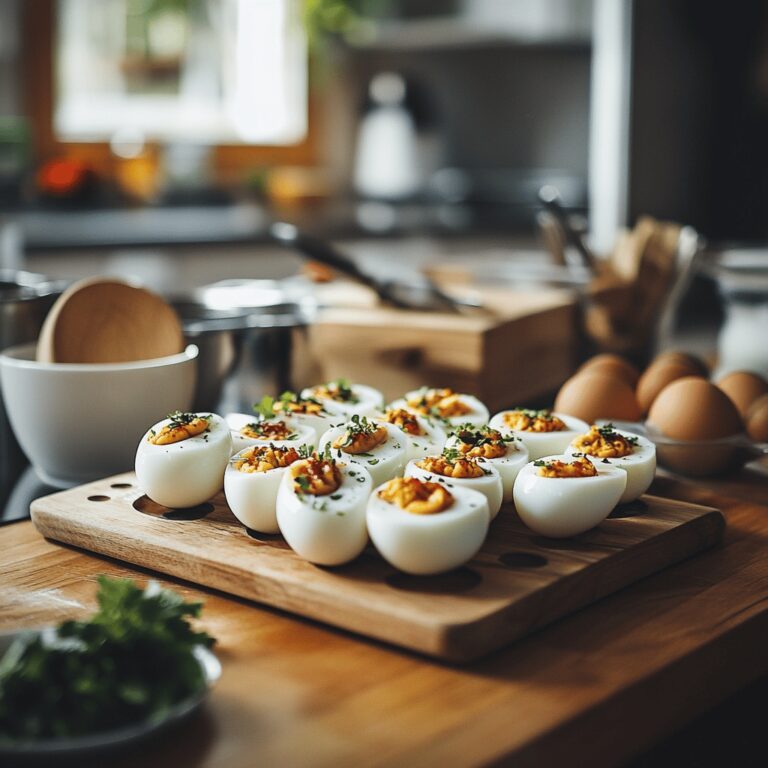 A warm and inviting modern kitchen scene filled with natural light, featuring an array of deviled egg dishes presented on a stylish countertop. The background includes cooking utensils, bowls filled with fresh ingredients like eggs, herbs, and spices, and small touches like a cozy table setting. The atmosphere is friendly and homely, capturing the essence of a food blog while showcasing the culinary process without focusing on a single dish.