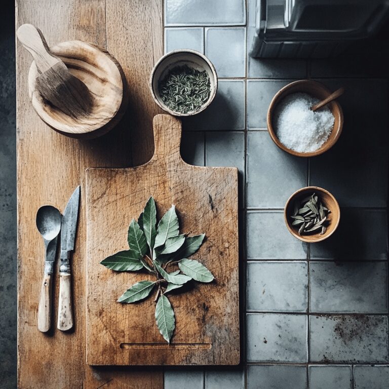 A warm and inviting modern kitchen scene featuring an array of cooking tools, fresh ingredients, and subtle hints of bay leaves scattered among utensils and bowls. The lighting is soft and natural, creating a cozy atmosphere that reflects the theme of cooking and culinary discussion. The countertops are neatly organized, showcasing a blend of homely charm and professional aesthetics, inviting viewers to explore the culinary debate at hand.