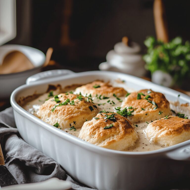 A warm and cozy modern kitchen adorned with various cooking tools and fresh ingredients, featuring a casserole dish filled with biscuits and gravy but not the main focus. Soft, natural light fills the space, highlighting utensils, bowls, and a welcoming countertop, creating an inviting atmosphere perfect for a food blog setup.