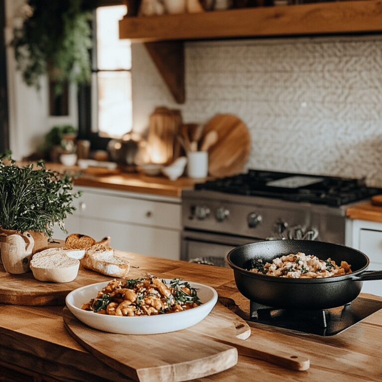 A warm and cozy modern kitchen filled with cooking tools and ingredients that evoke a sense of home and comfort. Natural light streams in, illuminating the various utensils and colorful bowls on the countertops. The scene captures the essence of a food blog post about Disney World's newest New Orleans-themed souvenir, blending inviting kitchen details with a subtle thematic nod to cooking techniques and flavors, without focusing on a specific dish.