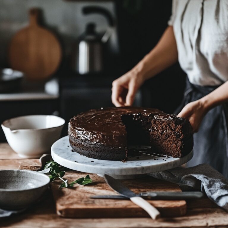 An inviting modern kitchen scene featuring a warm, cozy atmosphere. The countertop is adorned with various cooking tools and ingredients for a chocolate cake, including bowls of flour, cocoa powder, and a measuring cup. Soft, natural lighting fills the space, highlighting the details of utensils and showcasing the homely yet professional feel of the kitchen. The overall composition reflects the theme of a food blog, emphasizing the simplicity and charm of cooking with just six ingredients.