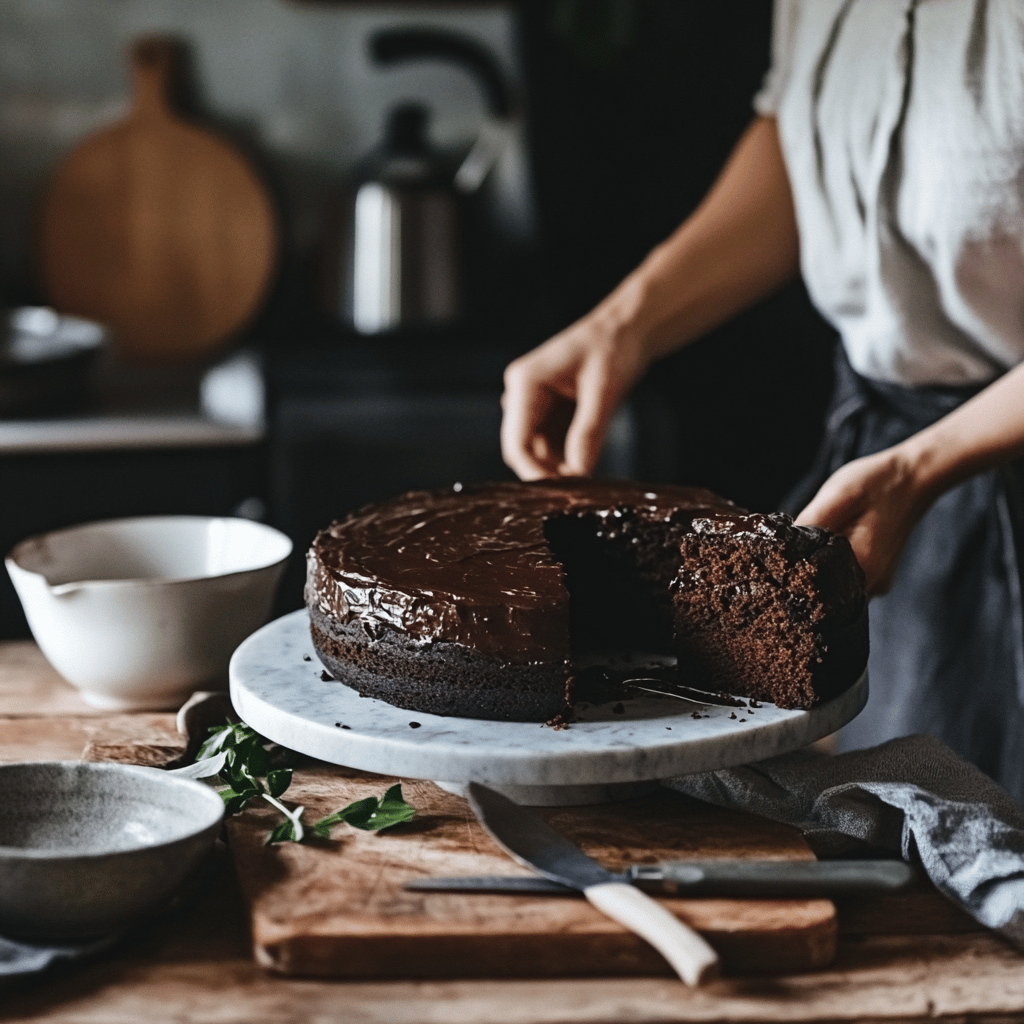 An inviting modern kitchen scene featuring a warm, cozy atmosphere. The countertop is adorned with various cooking tools and ingredients for a chocolate cake, including bowls of flour, cocoa powder, and a measuring cup. Soft, natural lighting fills the space, highlighting the details of utensils and showcasing the homely yet professional feel of the kitchen. The overall composition reflects the theme of a food blog, emphasizing the simplicity and charm of cooking with just six ingredients.