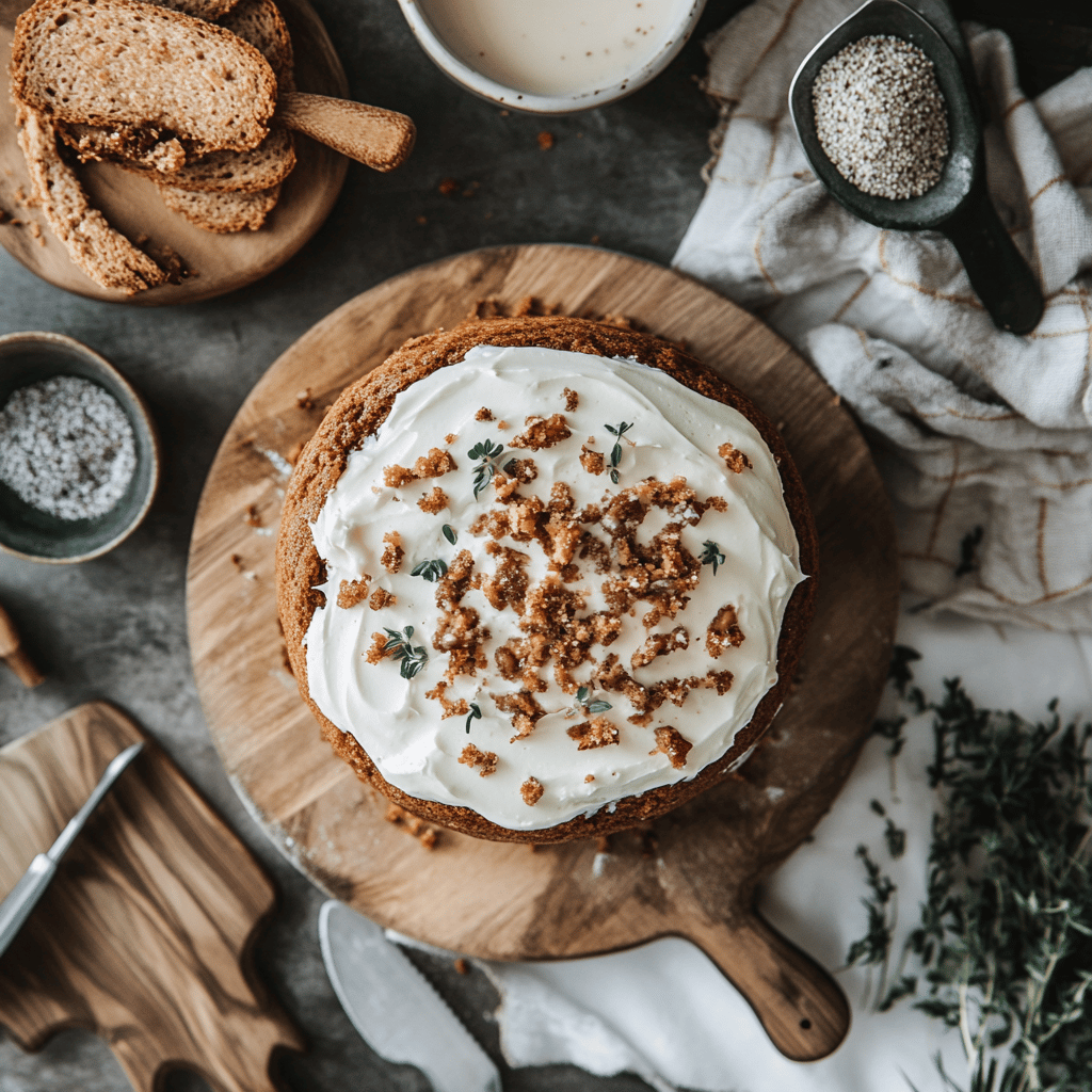 A warm and inviting kitchen scene featuring various carrot cake ingredients and tools spread across a cozy countertop. Freshly grated carrots, bowls of flour and sugar, and baking utensils are artistically arranged, with a softly lit ambiance that enhances the homely feel. The background showcases a modern kitchen design with subtle hints of baking techniques, creating an atmosphere that reflects a friendly and accessible cooking experience.