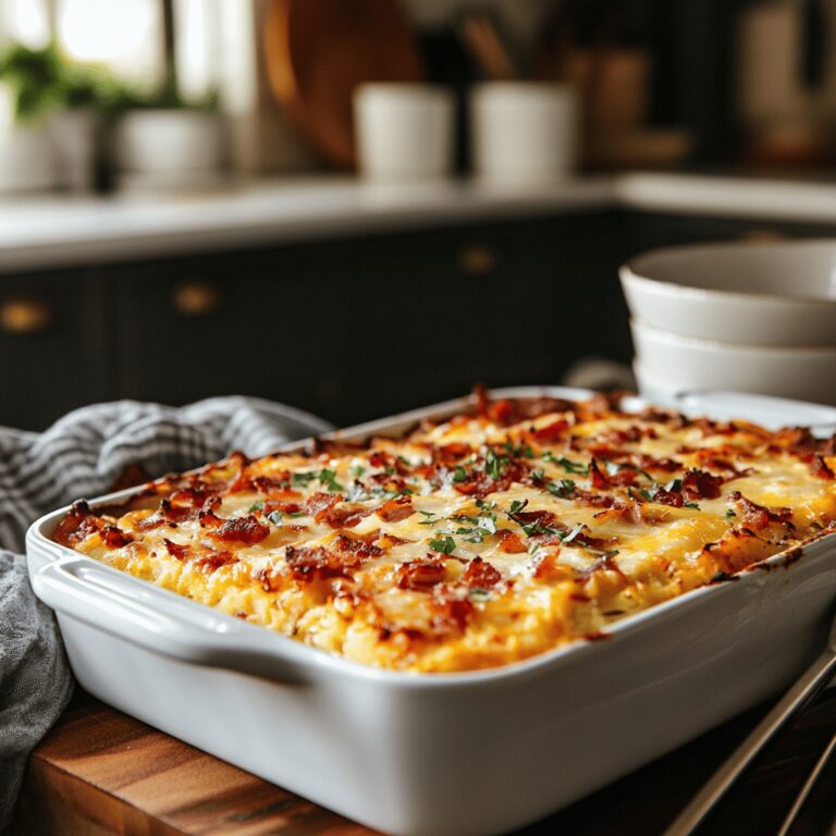 A cozy modern kitchen bathed in natural light, featuring a wooden countertop with various breakfast casserole ingredients like hash browns, eggs, cheese, and vegetables. Cooking utensils and colorful bowls are artfully arranged, creating a warm and inviting atmosphere. Subtle hints of the blog's theme are present, with some casseroles partially prepared, showcasing a variety of textures and colors, all designed to evoke the comfort and joy of a hearty breakfast.