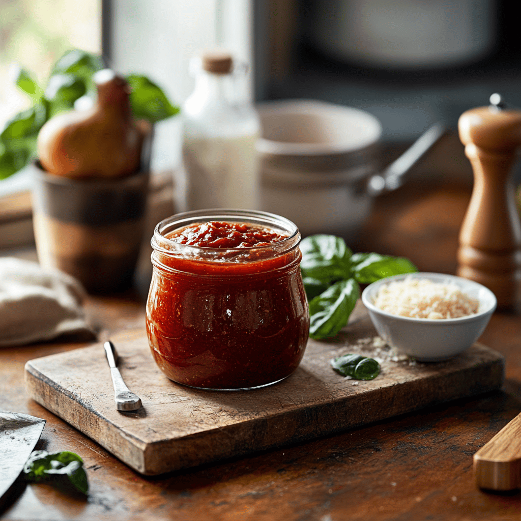 A warm and inviting modern kitchen setup featuring an 83-year-old chef at the center, surrounded by various cooking tools, fresh ingredients, and subtle hints of Italian cuisine. The scene captures a cozy atmosphere with natural light illuminating the countertops filled with utensils, bowls, and jars, reflecting a balance between homely charm and professional cuisine.