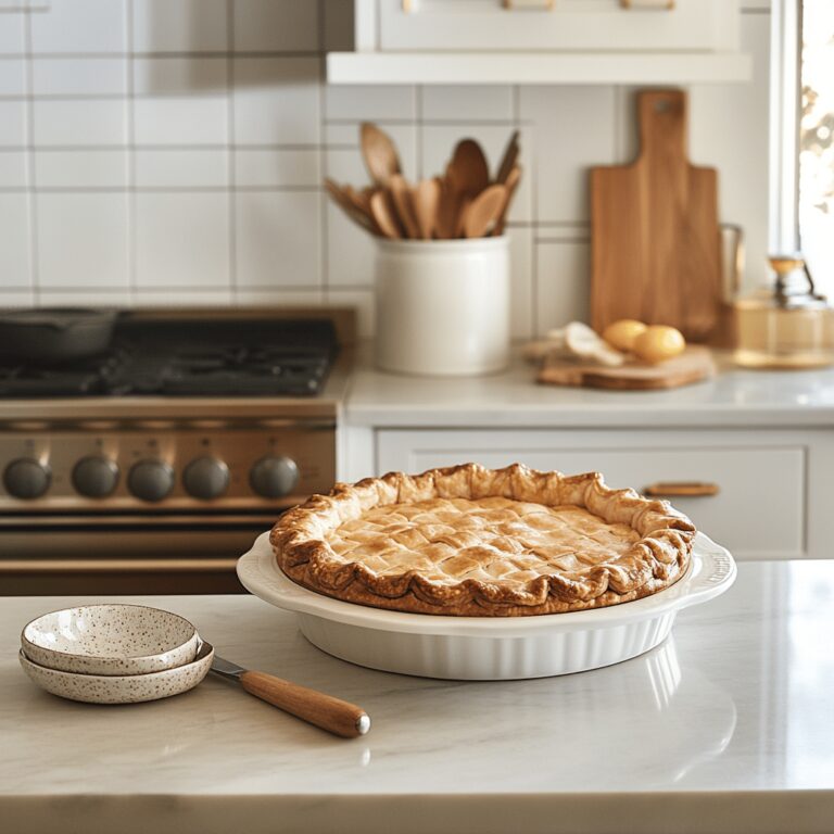 A warm, inviting kitchen scene featuring a variety of cooking tools, fresh ingredients, and baking utensils arranged thoughtfully on a countertop. Soft, natural light fills the space, highlighting textures and colors that evoke a cozy atmosphere. The setting subtly suggests the theme of comfort food, with hints of rustic charm and modern design elements, creating a visually appealing backdrop for a food blog about the timeless appeal of Robert Redford Pie.