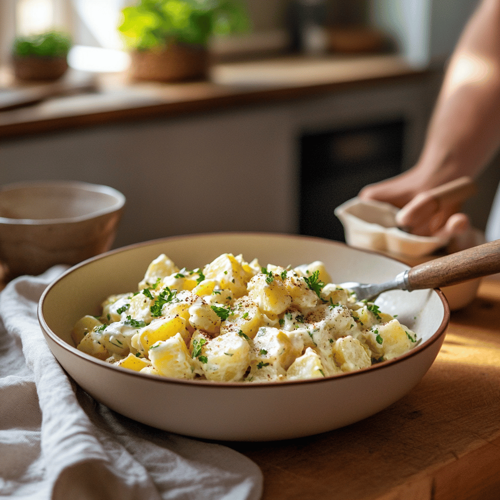 A warm and inviting modern kitchen scene that features various cooking tools, fresh ingredients like potatoes and herbs, and bowls arranged on a countertop, all illuminated by natural light to create a cozy atmosphere. The background subtly hints at the potato salad theme with hints of preparation techniques, while maintaining a homely and professional feel.