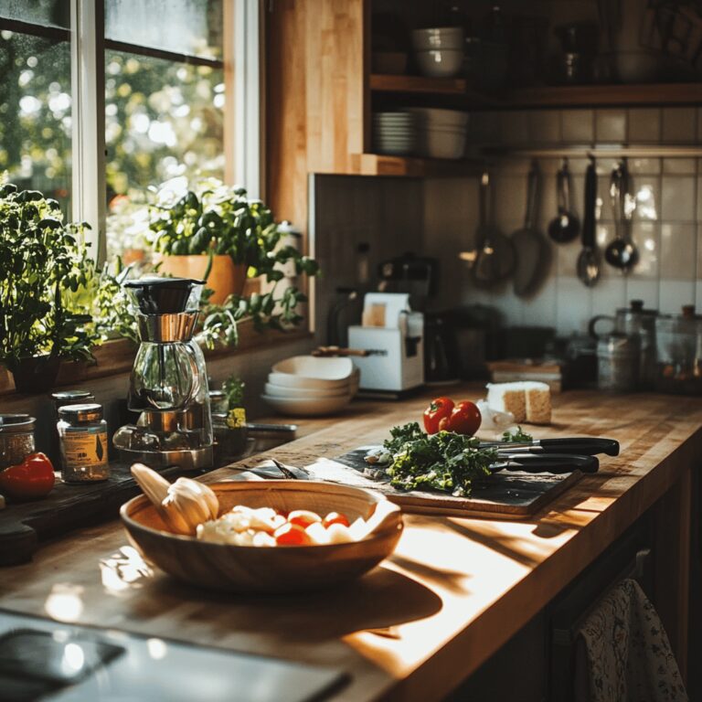 A warm, inviting modern kitchen scene featuring various cooking utensils, colorful ingredients, and neatly arranged bowls on countertops. Soft, natural lighting fills the space, highlighting the homely yet professional atmosphere. Subtle details hint at the blog's theme of kitchen hygiene, such as a spotlight on frequently overlooked areas like cutting boards or sponges, without showcasing a specific dish.