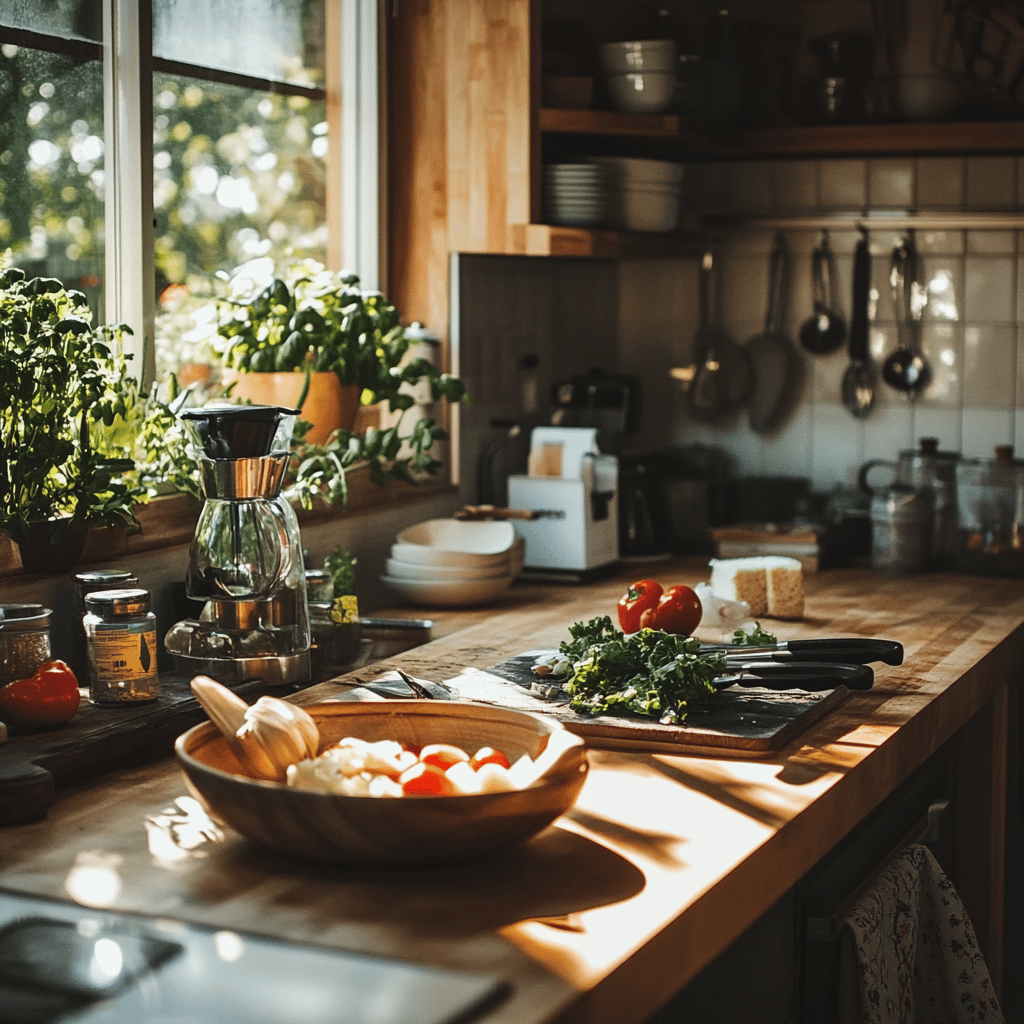 A warm, inviting modern kitchen scene featuring various cooking utensils, colorful ingredients, and neatly arranged bowls on countertops. Soft, natural lighting fills the space, highlighting the homely yet professional atmosphere. Subtle details hint at the blog's theme of kitchen hygiene, such as a spotlight on frequently overlooked areas like cutting boards or sponges, without showcasing a specific dish.