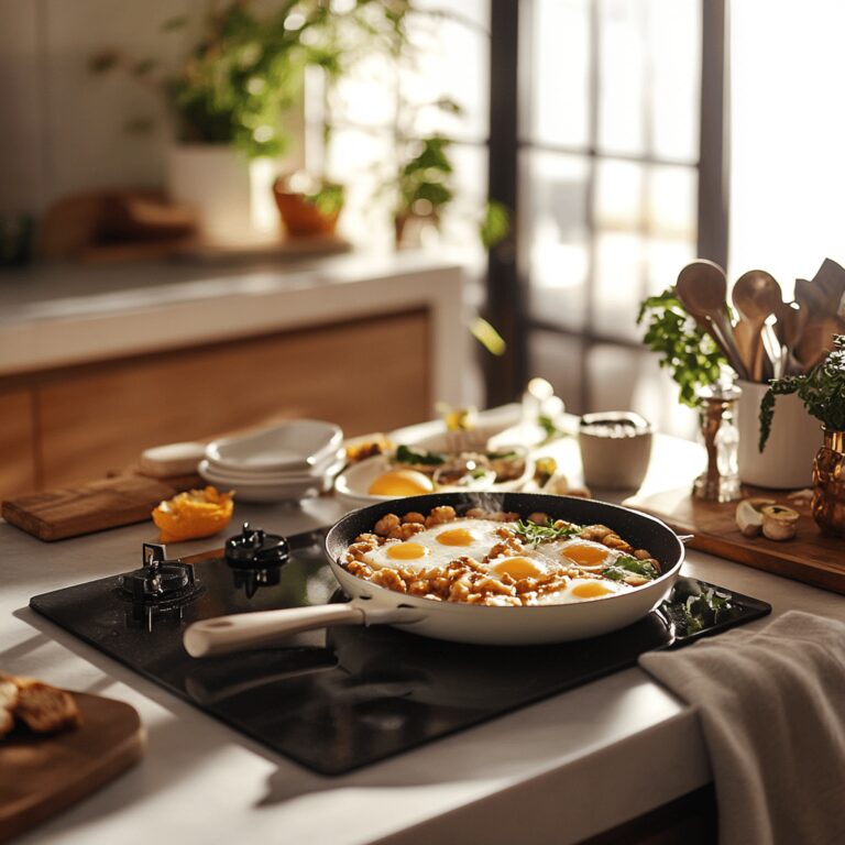 A warm and cozy modern kitchen filled with natural light, featuring a variety of cooking tools, fresh ingredients, and kitchen utensils scattered around. The scene captures a homely yet professional ambiance, with bowls and countertops neatly arranged, subtly reflecting the theme of brunch recipes without focusing on a specific dish. The overall vibe is inviting and appealing, perfect for a food blog post.