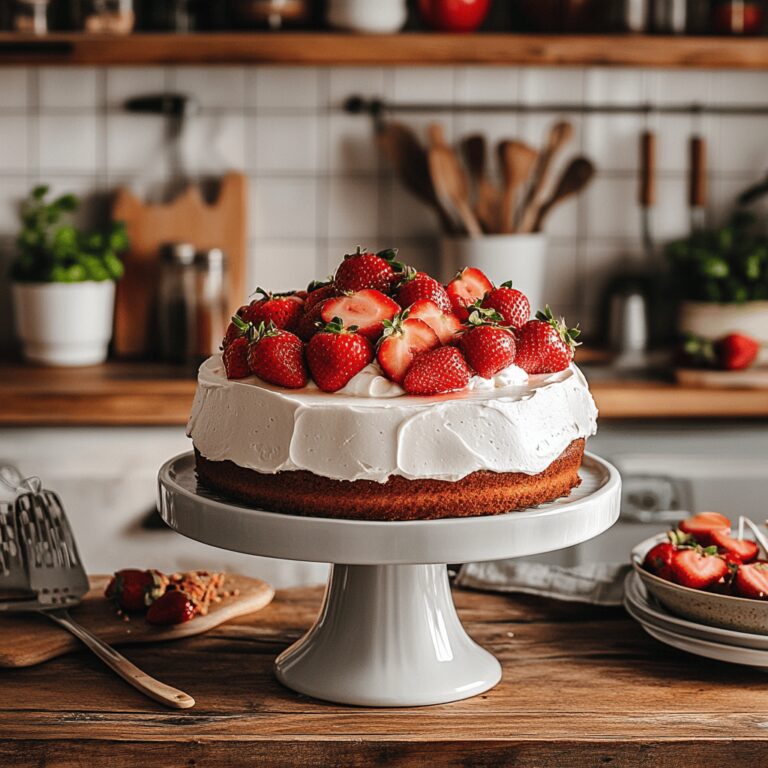 A warm and inviting modern kitchen scene featuring an array of strawberry cakes displayed on a counter, surrounded by fresh strawberries, baking utensils, mixing bowls, and kitchen tools. Soft, natural lighting enhances the cozy atmosphere, while subtle cooking elements reflect the blog's theme of family-friendly recipes. The overall composition feels homely yet professional, inviting viewers to explore the delicious strawberry cake recipes.