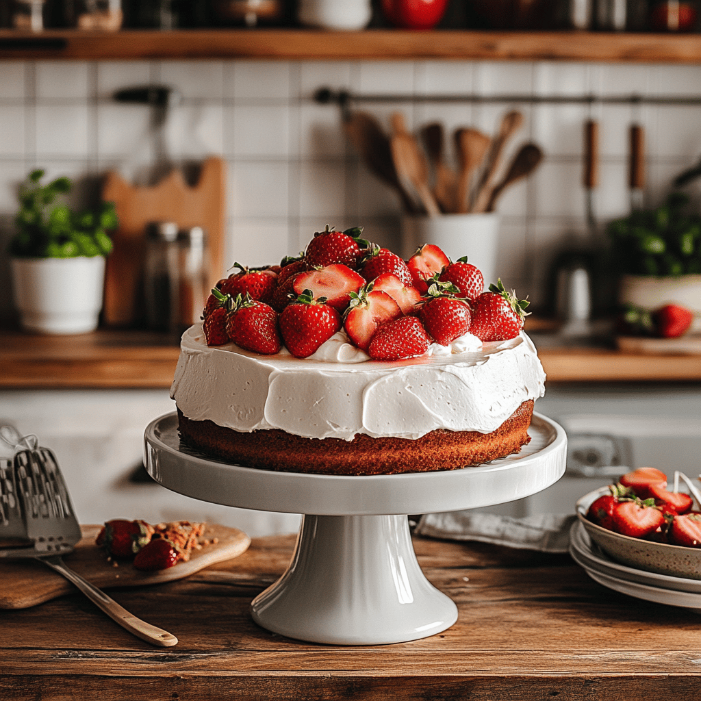 A warm and inviting modern kitchen scene featuring an array of strawberry cakes displayed on a counter, surrounded by fresh strawberries, baking utensils, mixing bowls, and kitchen tools. Soft, natural lighting enhances the cozy atmosphere, while subtle cooking elements reflect the blog's theme of family-friendly recipes. The overall composition feels homely yet professional, inviting viewers to explore the delicious strawberry cake recipes.