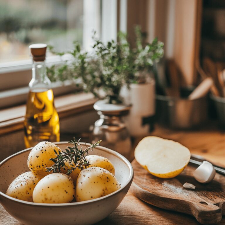 A warm and inviting modern kitchen scene featuring various cooking tools and ingredients, with an emphasis on potatoes. The countertop is neatly arranged with bowls, utensils, and fresh herbs, creating a cozy atmosphere. Soft, natural lighting enhances the friendly vibe, while subtle hints of culinary techniques are visible in the background, providing a homely yet professional feel.