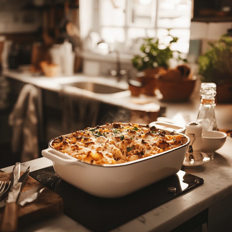 A cozy modern kitchen with natural lighting, featuring a wooden countertop scattered with various cooking utensils, bowls of fresh ingredients, and a baking dish ready to be filled, all arranged invitingly to reflect a homely yet professional atmosphere for a food blog about casseroles.