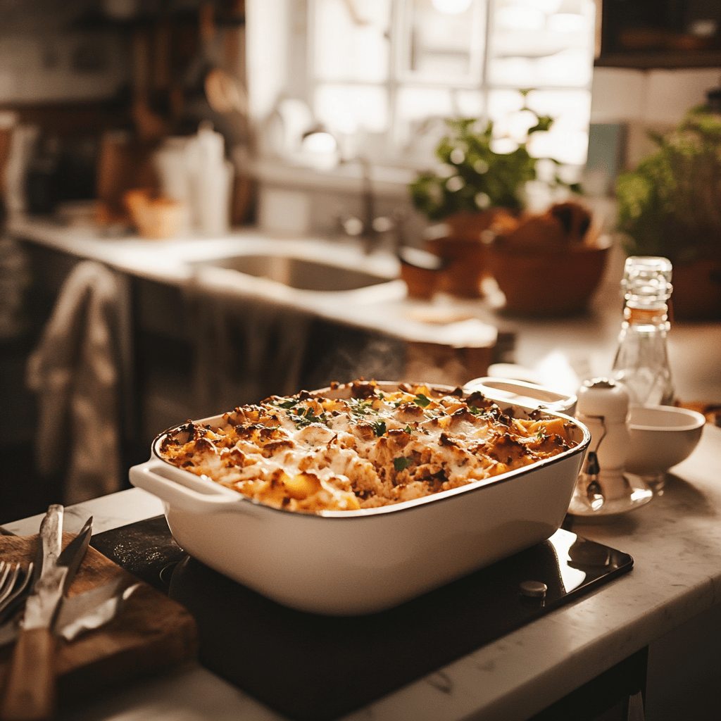 A cozy modern kitchen with natural lighting, featuring a wooden countertop scattered with various cooking utensils, bowls of fresh ingredients, and a baking dish ready to be filled, all arranged invitingly to reflect a homely yet professional atmosphere for a food blog about casseroles.