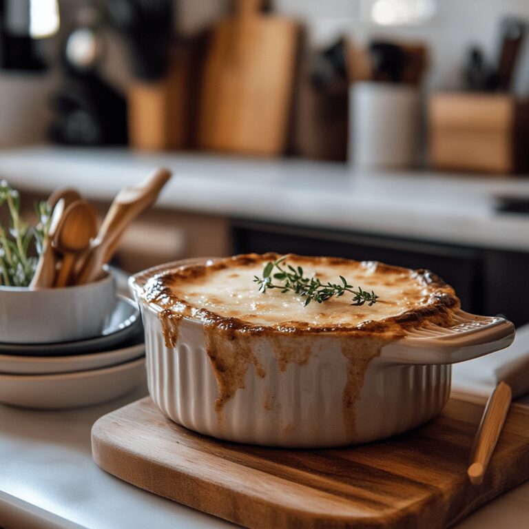 A cozy modern kitchen bathed in soft, natural light, featuring an inviting arrangement of cooking utensils, ingredients like onions and broth, and a gently simmering pot on the stove. The countertop is neatly organized with bowls and spices, reflecting a homely yet professional atmosphere, capturing the essence of simple and smart cooking techniques for French onion soup.