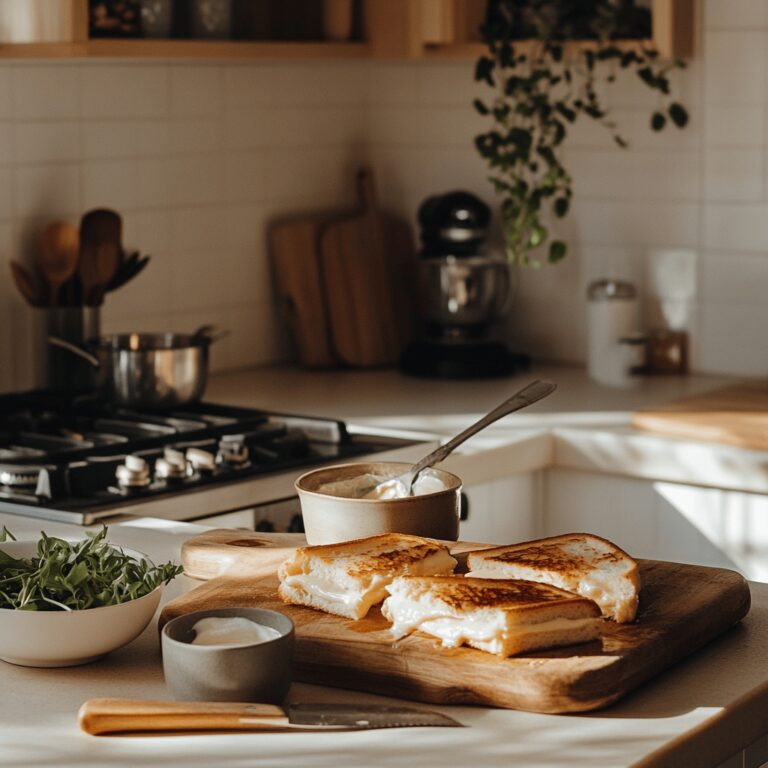 A warm and inviting kitchen scene featuring a modern countertop with a skillet, a jar of mayonnaise, and various ingredients like bread, cheese, and fresh herbs arranged artfully. Soft, natural lighting streams in, highlighting cooking utensils and bowls, creating a cozy atmosphere perfect for a food blog.