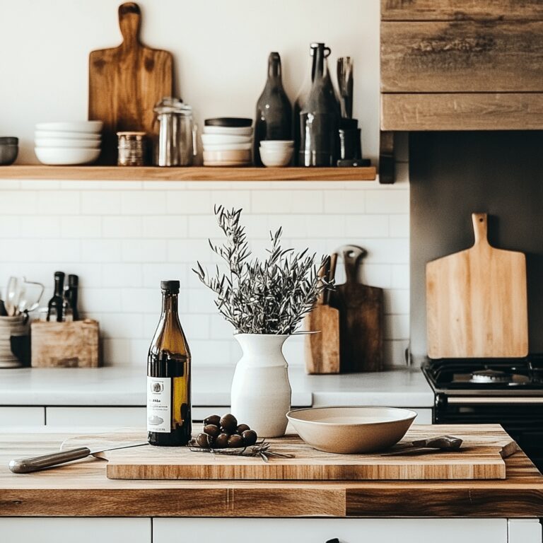 A warm and inviting kitchen scene featuring various cooking tools and ingredients, with a rustic countertop displaying a few bottles of olive oil. Some have visible signs of age like cloudiness or sediment, subtly hinting at the blog's theme. Natural light filters through a nearby window, enhancing the cozy atmosphere, while elegant utensils and bowls are neatly arranged, creating a professional yet homely feel.