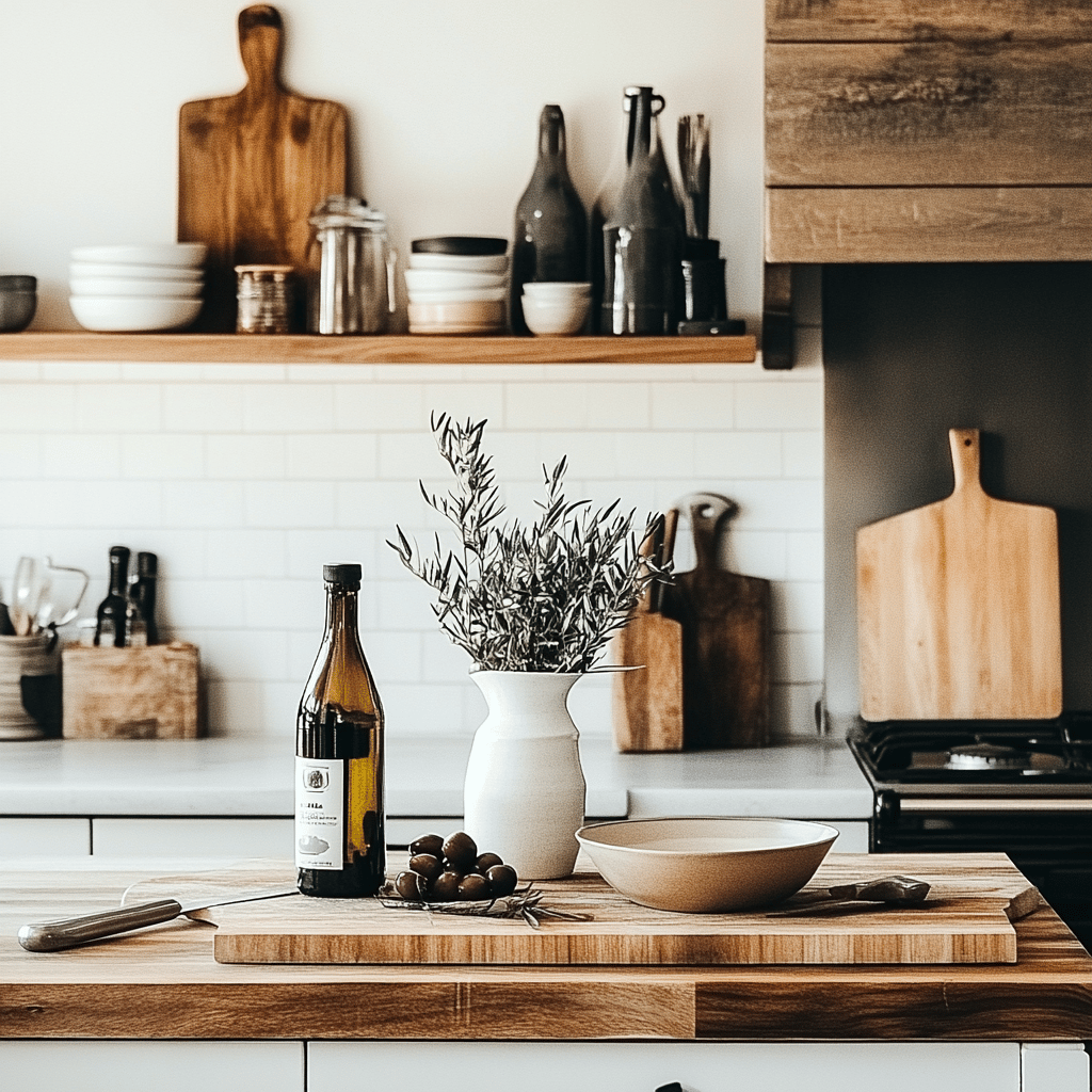 A warm and inviting kitchen scene featuring various cooking tools and ingredients, with a rustic countertop displaying a few bottles of olive oil. Some have visible signs of age like cloudiness or sediment, subtly hinting at the blog's theme. Natural light filters through a nearby window, enhancing the cozy atmosphere, while elegant utensils and bowls are neatly arranged, creating a professional yet homely feel.