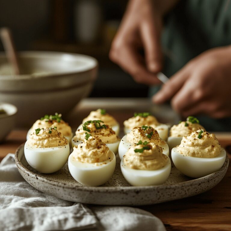 A warm, inviting modern kitchen scene featuring a variety of beautifully styled deviled egg dishes arranged on a countertop, surrounded by fresh ingredients like herbs and spices. The image includes cooking tools such as utensils, mixing bowls, and a cutting board, with soft, natural lighting creating a cozy atmosphere that reflects a passion for cooking. The background showcases a hint of kitchen decor, adding a homely yet professional touch without focusing on a single dish.