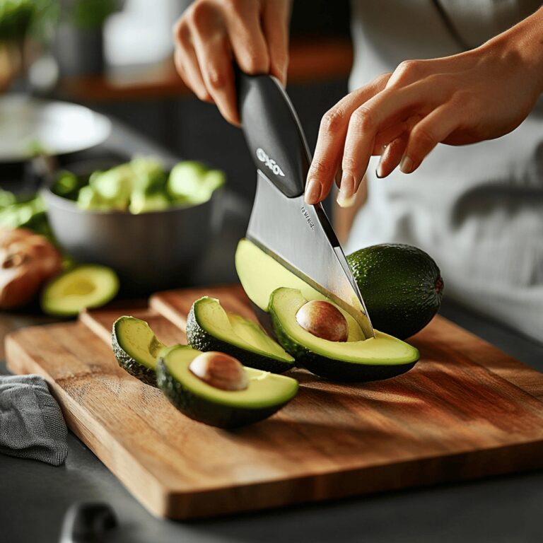 A modern kitchen with a warm, cozy vibe featuring a variety of cooking tools and ingredients for slicing avocados. The scene includes a cutting board, a sharp knife, and a bowl of ripe avocados, with natural light illuminating the countertop. Subtle details like utensils and decorative kitchen elements create a homely yet professional atmosphere, reflecting the theme of a food blog.