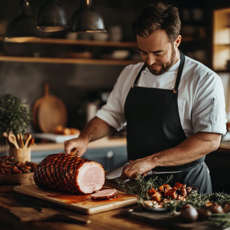 An inviting modern kitchen bathed in warm, natural light, showcasing a variety of cooking tools and ingredients neatly arranged on the countertops. The scene features a wooden cutting board with fresh herbs, a set of colorful mixing bowls, and professional-grade utensils, all creating a cozy yet sophisticated atmosphere that reflects the theme of keeping baked ham moist.