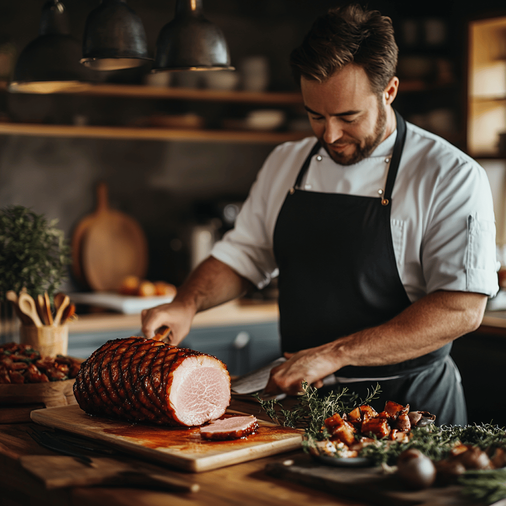 An inviting modern kitchen bathed in warm, natural light, showcasing a variety of cooking tools and ingredients neatly arranged on the countertops. The scene features a wooden cutting board with fresh herbs, a set of colorful mixing bowls, and professional-grade utensils, all creating a cozy yet sophisticated atmosphere that reflects the theme of keeping baked ham moist.
