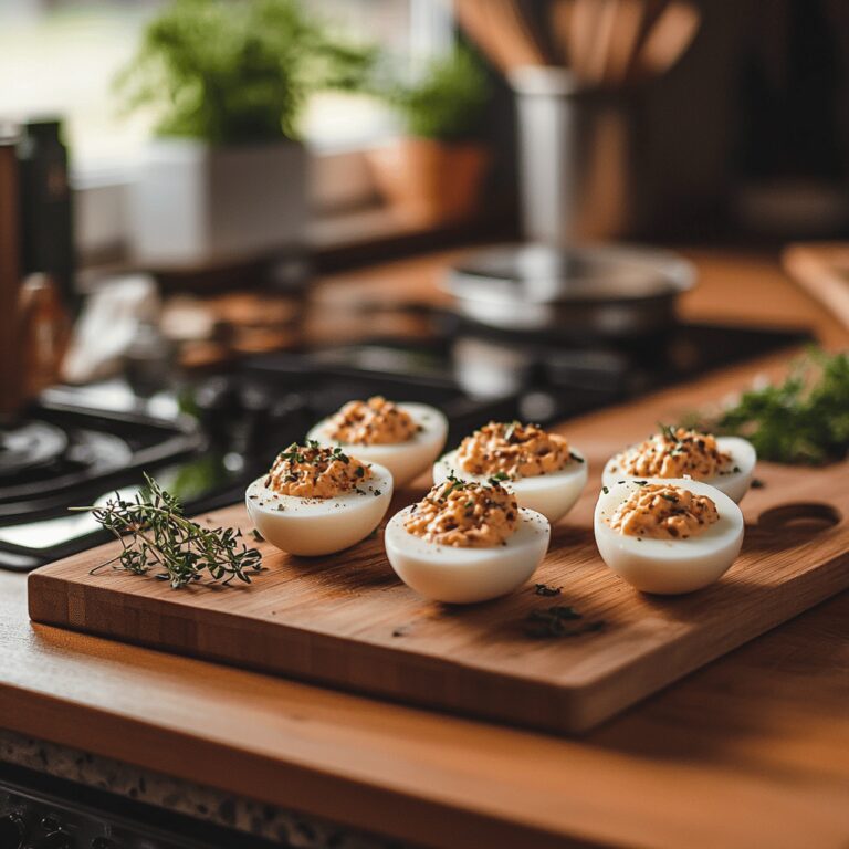 A cozy modern kitchen scene with warm lighting, featuring an array of cooking tools and ingredients for preparing deviled eggs. The countertop is adorned with utensils, bowls, and fresh ingredients, creating an inviting atmosphere that reflects a friendly cooking environment. The background subtly hints at various techniques and preparations, without focusing solely on the deviled eggs themselves.