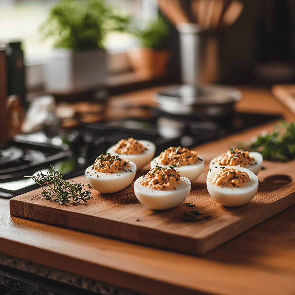 A cozy modern kitchen scene with warm lighting, featuring an array of cooking tools and ingredients for preparing deviled eggs. The countertop is adorned with utensils, bowls, and fresh ingredients, creating an inviting atmosphere that reflects a friendly cooking environment. The background subtly hints at various techniques and preparations, without focusing solely on the deviled eggs themselves.