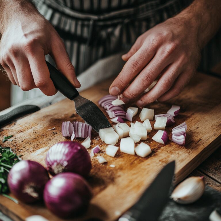 An inviting modern kitchen with a warm and cozy vibe, featuring a wooden countertop adorned with a cutting board, a sharp knife poised next to a diced onion. Soft, natural lighting streams in, highlighting various cooking tools like a set of measuring spoons, colorful ingredient jars, and a fresh herb plant in the background. The scene subtly suggests the art of cooking without focusing on a specific dish, evoking a homely yet professional atmosphere perfect for a food blog.