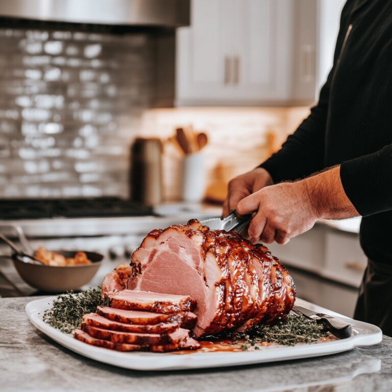 An inviting modern kitchen with warm lighting, featuring a wooden countertop with a whole ham placed on a cutting board. Surrounding the ham are various cooking tools, including a sharp carving knife and utensils, alongside bowls filled with fresh herbs and spices. The cozy atmosphere is enhanced by subtle decorative elements, like a plant on the windowsill and neatly arranged kitchenware, reflecting a friendly and professional vibe suitable for a food blog post about slicing ham.